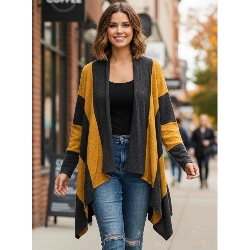 Andree by Unit Sweater Cardigan Women's Black Yellow Open Front Striped Travel
